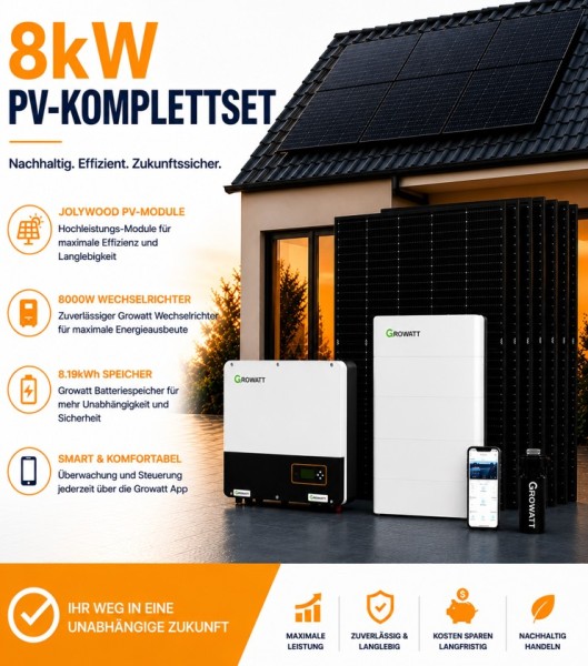 8 kW PV-Komplettset mit 8000W Wechselrichter + 7.6kWh Speicher + Jolywood PV-Module