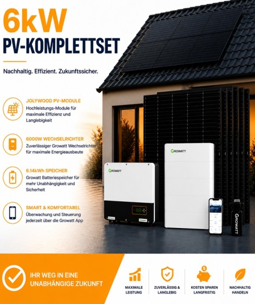 6 kW PV-Komplettset mit 6000W Wechselrichter + 7.6kWh Speicher + Jolywood PV-Module