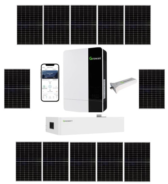 Inselanlage Growatt 5kW Off-Grid Wechselrichter mit AXE 15.0L Speicher + 12 Modulen DAH Solar a 410W