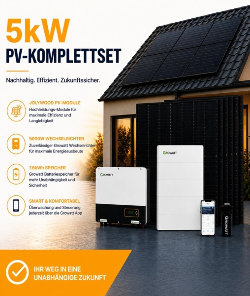 5kW PV-Komplettset mit 5000W Wechselrichter + 7.6kWh Speicher + Jolywood PV-Module
