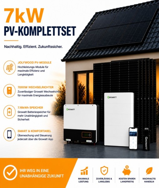 7 kW PV-Komplettset mit 7000W Wechselrichter + 7.6kWh Speicher + Jolywood PV Module